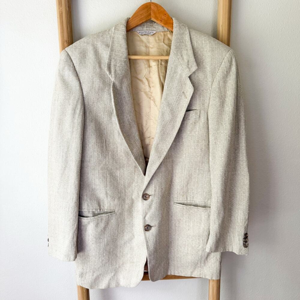 Adolfo Linen Blazer Jacket Beige Silk Lined Vintage 2 Button Men’s Size Large